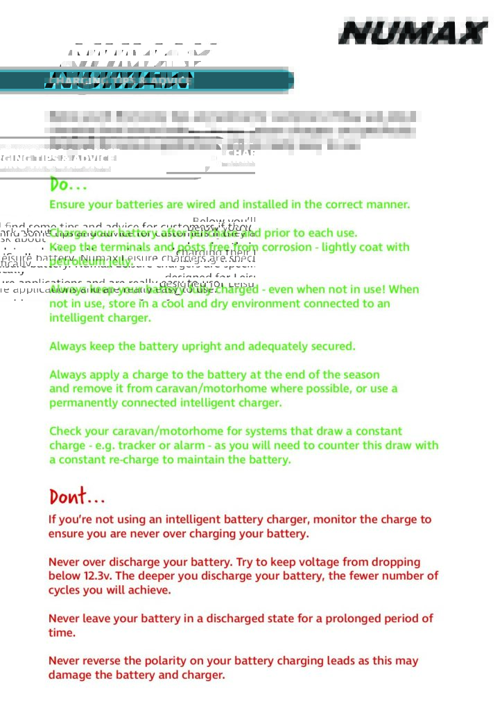 Cover of Numax Leisure Battery Care Information