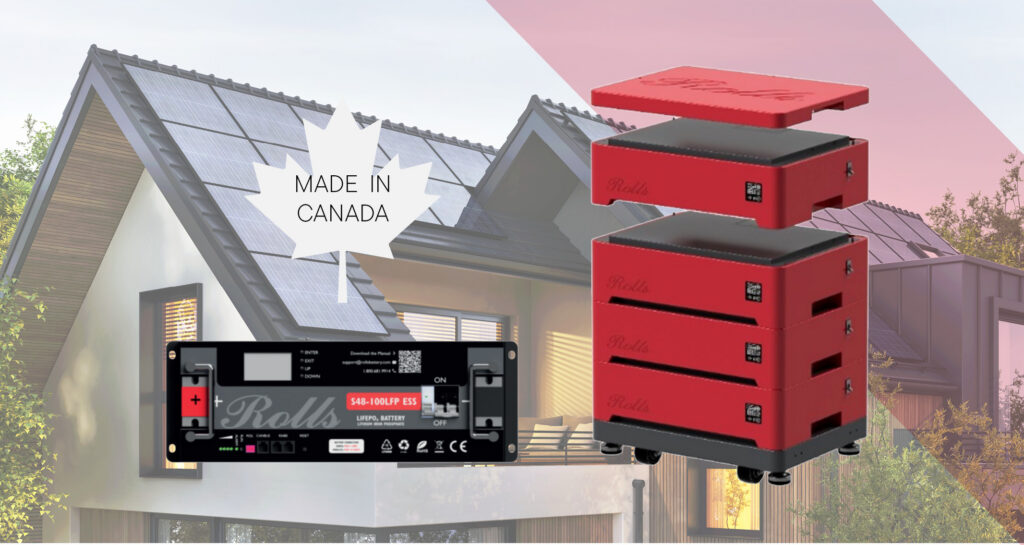 Rolls S48-100LFP lithium battery stack with solar home background, made in Canada