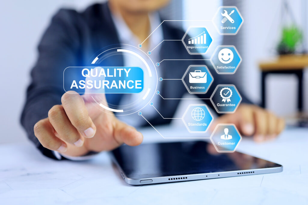 Businessperson pointing at a quality assurance digital interface with service icons