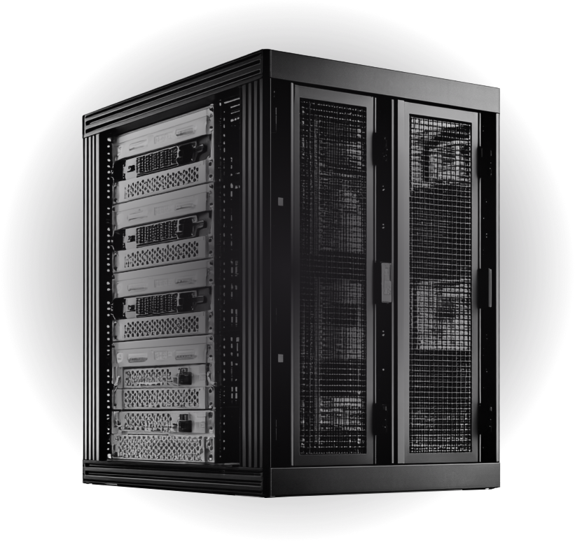 Rack-mounted server storage cabinet with black mesh doors